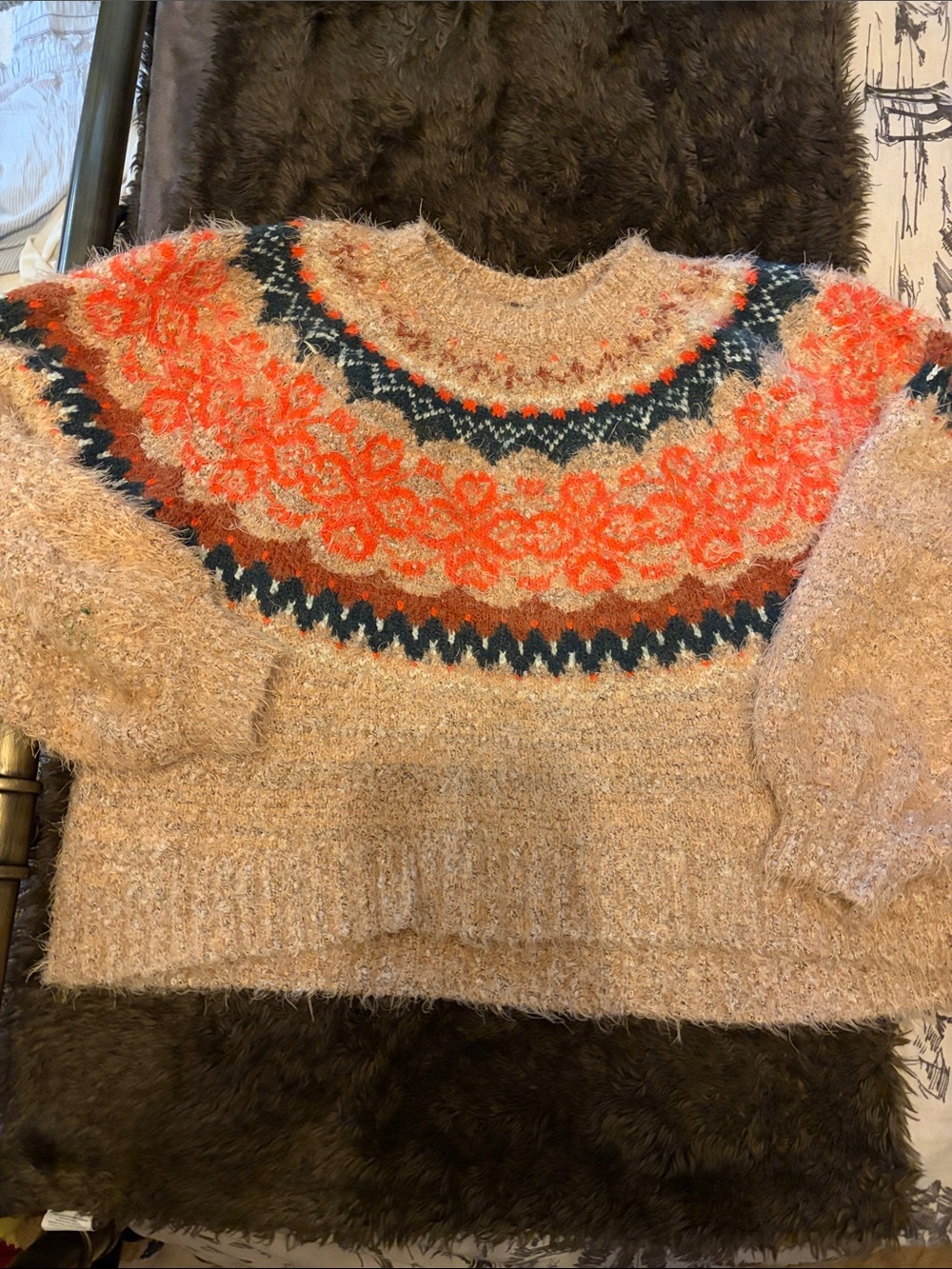 Free People Cozy Fair Isle Crewneck Sweater - Peach/Coral Pattern